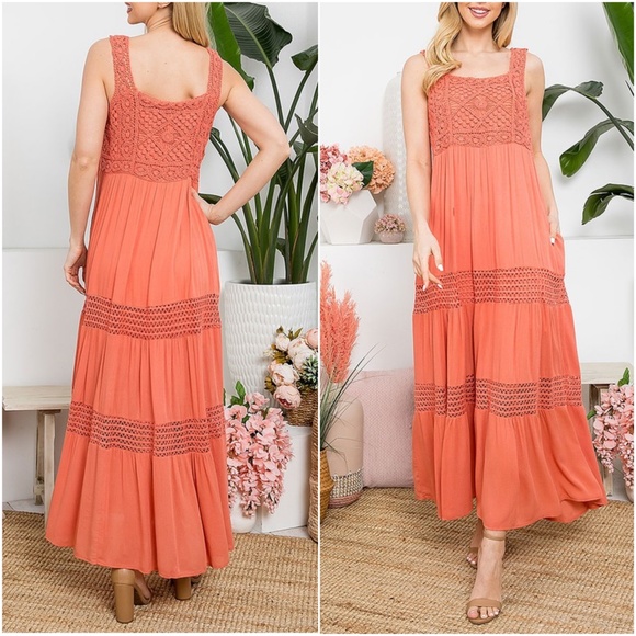 04 Boho Coral Sleeveless Pockets maxi Dress - Picture 2 of 3
